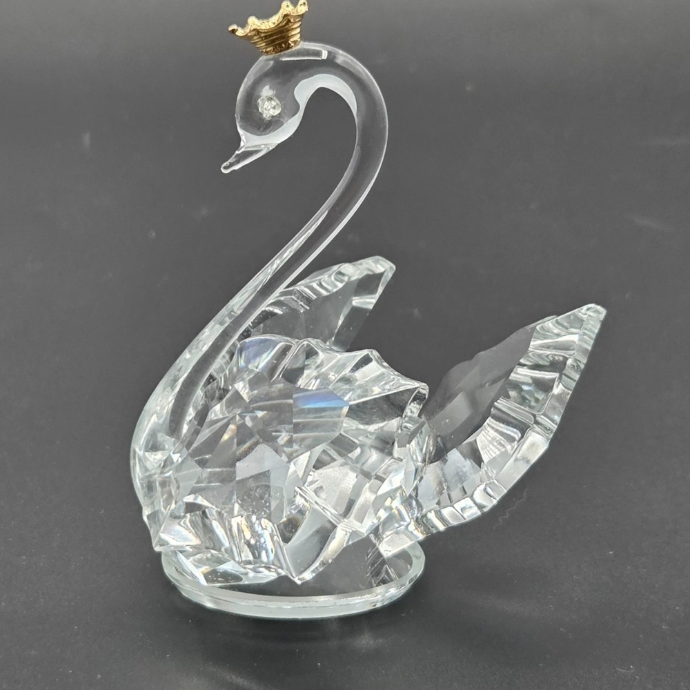 Vintage Faceted Crystal‎ Glass Swan Figurine With Gold Crown RETRO